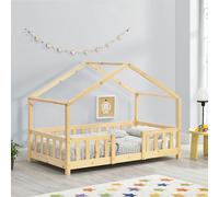 [en.casa] Lit d'enfant Design en Forme Maison avec Grille de Protection Construction Solide Capacité de Charge 70 kg Bois de Pin Contreplaqué 160 x 80 cm Bois Naturel
