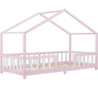 Lit d'Enfant Forme Maison avec Grille de Protection Treviolo 200 x 90 cm Rose Blanc Mat Laqué [en.casa]
