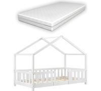Lit d'enfant Treviolo Forme Maison avec Matelas Orthopédique 140 x 70 cm Blanc [en.casa]
