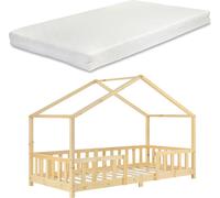 Lit d'enfant Treviolo Forme Maison avec Matelas à Mousse à Froid 200 x 90 cm Bois Naturel [en.casa]