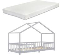 [en.casa] Lit d'enfant Design en Forme Maison Grille de Protection Solide Matelas à Mousse à Froid Capacité de Charge 100 kg Bois de Pin Contreplaqué 200 x 90 cm Gris Clair Blanc Mat Laqué