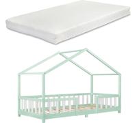 [en.casa] Lit d'enfant Design en Forme Maison Grille de Protection Construction Solide Matelas à Mousse à Froid Capacité de Charge 100 kg Bois de Pin Contreplaqué 200 x 90 cm Menthe Blanc Mat Laqué