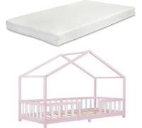 [en.casa] Lit d'enfant Design en Forme Maison Grille de Protection Solide Matelas à Mousse à Froid Capacité de Charge 100 kg Bois de Pin Contreplaqué 200 x 90 cm Rose Blanc Mat Laqué