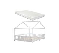 [en.casa] Lit d'enfant Design en Forme Maison Grille de Protection Construction Solide avec Matelas à Mousse à Froid Capacité de Charge 200 kg Bois de Pin Contreplaqué 200 x 140 cm Blanc Mat Laqué