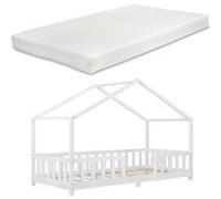 [en.casa] Lit d'enfant Design en Forme Maison avec Grille de Protection Construction Solide avec Matelas à Mousse à Froid Capacité de Charge 100 kg Bois de Pin Contreplaqué 200 x 90 cm Blanc Mat Laqué