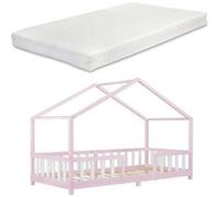 Lit d'enfant Treviolo Forme Maison avec Matelas à Mousse à Froid 200 x 90 cm Rose Blanc [en.casa]