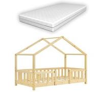 [en.casa] Lit d'enfant Design en Forme Maison Grille de Protection Construction Solide Matelas Orthopédique Capacité de Charge 50 kg Bois de Pin Contreplaqué 140 x 70 cm Bois Naturel