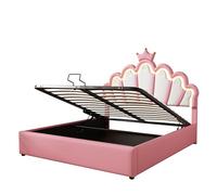 Lit design princesse avec tête de lit nuage et couronne,rembourrage en cuir PU,éclairage LED multicolore avec télécommande,rangement hydraulique intégré,sommier à lattes robuste (Rose,140x190cm)