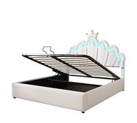 Lit design princesse avec tête de lit nuage et couronne,rembourrage en cuir PU,éclairage LED multicolore avec télécommande,rangement hydraulique intégré,sommier à lattes robuste (Blanc,140x190cm)