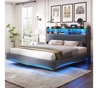 Lit design suspendu rembourré 160x200 en tissu lin, lit de rangement avec lumière LED, interface USB et TYPE-C Gris