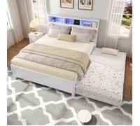 Lit double 120 x 200 cm avec lit gigogne 90 x 190 cm, LED, prise de charge, rangements, blanc