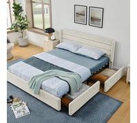 Lit double 140*200 cm, surface en chenille, avec 4 grands tiroirs de rangement, facile à monter, idéal pour les chambres d'amis, les chambres d'adolescents et les appartements, beige (matelas non inc
