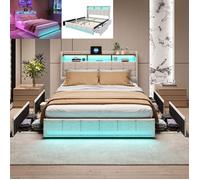 Lit Double - 140 x 190 cm - LEWW - avec LED et USB - 4 Tiroirs - Lit Rembourrée - 2 Personnes - Sommier à lattes - Beige Lin