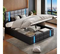 Lit double 140 x 200 cm avec sommier à lattes, LED, avec fonction de charge USB, lit rembourré, avec coffre de lit, lit d'adolescent, coffre de rangement hydraulique, cadre de lit, dossier, en