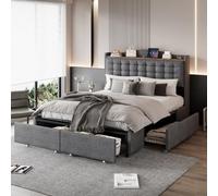 Lit double 140 x 200 cm avec table de chevet intégrée, charge USB et 4 tiroirs | Lit rembourré avec espace de rangement et sommier à lattes en bois massif | Cadre de lit aspect lin au choix de couleur