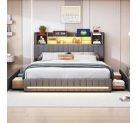 Lit Double 140x190 avec Sommier LED et USB, Lit Rembourré avec 4 Tiroirs, Cadre de lit avec sommier à Lattes, Lin, Gris (140 x 190 cm)