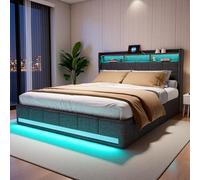 Lit Double 140x190 avec Sommier, Lit 140 x 190 avec LED et Charge USB, Type-C, Lits 2 Personnes avec 4 Tiroirs et Tête de Lit de Rangement, Sommier à Lattes, Sans Matelas, Lin, Gris(Gris D, 140x190)