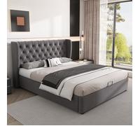 Lit double 140x190 cm - Chesterfield - Tête de lit rembourrée - Rangement hydraulique - Gris