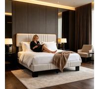 Lit Double 140x190 cm, Tête de lit Rembourrée Réglable en Hauteur sur 3 Niveaux - lattes en Bois Massif - Montage facile - Sans Matelas [Tête de lit Réglable en Hauteur] Cette tête de lit moelleuse of