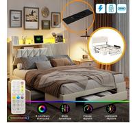 Lit Double 140x190, Lit Rembourré avec 3 Tiroirs et LED et USB, Lit Capitonné avec Sommier à Lattes et Tête de Lit, Velours, Beige
