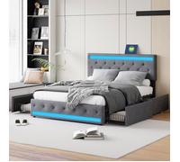 Lit double 140x190 - PERGAR - Avec rangement - Lumières LED réglables - 4 tiroirs - Confortable en lin gris