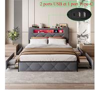 Lit double 140x200, avec LED et USB, 4 Tiroirs, Tête de lit rembourrée avec rangement, Lit adulte/ado avec sommier, Velours gris