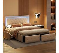 Lit Double 140x200 avec Sommier et LED, Cadre de Lit Rembourré en PU avec 4 Tiroirs de Rangement, Tête de Lit Réglable en Hauteur, Contrôle par App/Musique, Design Moderne, Blanc