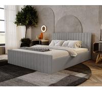Lit double 140x200 Billo Slim - Lit rembourré, lit de chambre à coucher avec sommier à lattes & coffre de lit, tissu bouclé (Gris clair - Anthology 15)