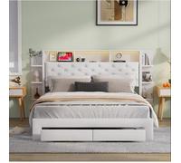 Lit Double 140x200 Blanc avec Étagère LED RGB et Tiroirs en Tissu Mouton Design Moderne Fonctionnel