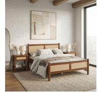 IDIMEX Lit en bois massif CEFIRA 140 x 200 cm avec tressage en rotin et finition châtaignier - Lit double en bois de pin massif, lit en bois solide de style bohème