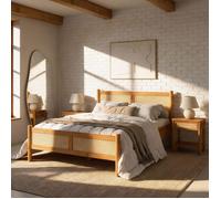 IDIMEX Lit en bois massif CEFIRA 140 x 200 cm avec tressage en rotin et finition chêne - Lit double en bois de pin massif, lit en bois stable de style bohème
