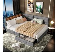 Lit Double 140x200 cm avce LED et USB, Canapé-Lit Rembourré, Tête de Lit Convertible, Lit Coffre avec 2 Tiroirs, Gris, Lin