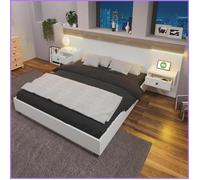 Lit Double 140x200 cm - Avec 2 Tables de Chevet LED &amp Ports USB-C - Blanc + Chêne Sonoma