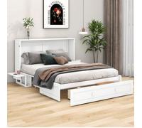 Lit double 140x200 cm avec rangements, transformable en armoire, lit escamotable avec tiroirs et étagères, blanc (sans Matelas)