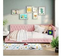 Lit double 140x200 cm avec sommier, Canapé-lit, Lit adulte LED, Dossier moelleuse, Tête de lit décorative bouton et USB, Tissu Rose