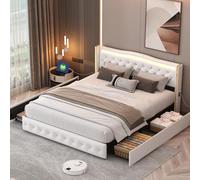 Lit Double 140x200 cm avec sommier Éclairage LED et USB, Lits Rembourré avec 4 Tiroir et Réglable Tête de lit, lit 2 Personnes pour Adultes et Adolescents,en PU, sans Matelas (Blanc-032, 140x200cm)