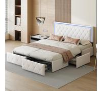 Lit Double 140x200 cm avec sommier Éclairage LED et USB, Lits Rembourré avec 4 Tiroir et Réglable Tête de lit, lit 2 Personnes pour Adultes et Adolescents,en PU, sans Matelas (Blanc-99, 140x200cm)