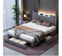 Lit Double 140x200 cm avec Tiroirs, LED RGB 16M de Couleurs et USB, Velours Gris, Design Intelligent et Luxe