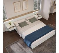 Lit double 140x200 cm chêne Sonoma/blanc avec sommier, 2 tables de chevet LED et prise USB-C - sans matelas