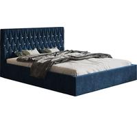 Lit double 140x200 cm Crystal - Chambre à coucher lit rembourré avec sommier à lattes, coffre de lit & tissu velours, fabricant (bleu foncé - Goya 18)