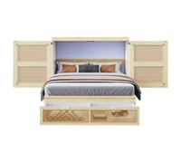 Lit double 140x200 cm escamotable vertical mural tiroirs de rangement intégrés finition rotin