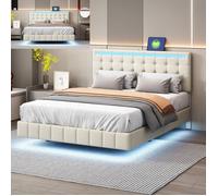 Lit double 140x200 cm, LED, USB, tissu en lin, Style moderne, cadre de lit 140x200 cm, lit flottant 140x200 cm, beige