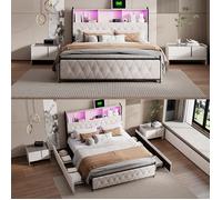 Lit double 140x200 cm - NMONET - Matelassé - LED intégrée - 4 tiroirs - Velours beige