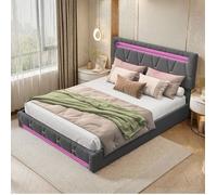 Lit double 140x200 cm - TANANT - Avec LED - 4 tiroirs - Tissu en lin - Hauteur réglable
