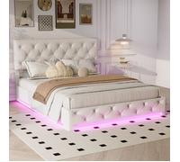 Lit Double 140x200 Design avec Rangement Intégré et Lumière LED RGB - Tissu Linen Blanc - Style Moderne et Luxe