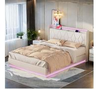 Lit Double 140x200 Design avec Rangement Pneumatique, LED RGB 3 Côtés et Port de Chargement - Tissu Peluche Blanc