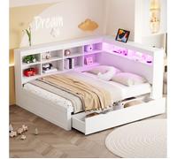 Lit double 140x200 en bois massif avec rangement, tiroir, tête de lit étagère, USB et LED, blanc