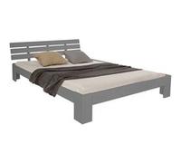 Homestyle4u Lit double Homesty4u 140x200 cm pin massif gris matelas et sommier à lattes