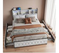 Lit Double 140x200, Lit Coffre avec Tiroirs, Lit avec Rangement - FULL Velours Beige, 4 Tiroirs + USB/Type-C + LED RGB