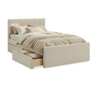 Lit double - 140x200 - Tissu beige rembourré - Sommier à lattes - 2 tiroirs de rangement